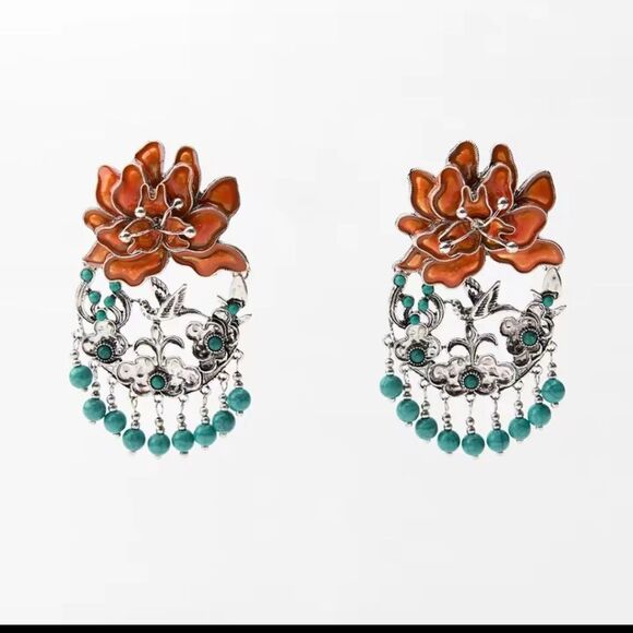 New ZARA Orange, Turquoise & Silver Floral Beaded Earrings With Bird Detail - Picture 3 of 10